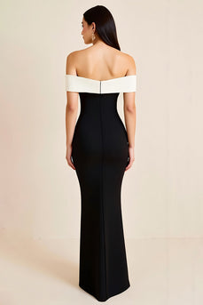 Black White Off the Shoulder Satin Long Formal Dress