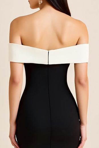Black White Off the Shoulder Satin Long Formal Dress