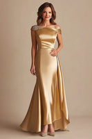 Load image into Gallery viewer, Gold Off the Shoulder Mermaid Satin Long Formal Dress