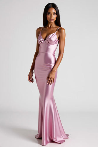 Pink Mermaid Satin Spaghetti Straps Long Formal Dress