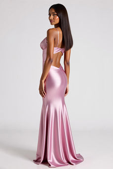 Pink Mermaid Satin Spaghetti Straps Long Formal Dress