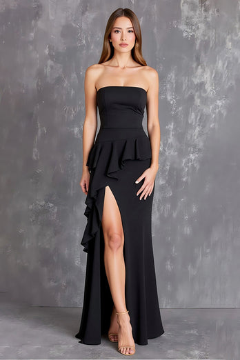 Black Sheath Strapless Long Formal Dress with Slit