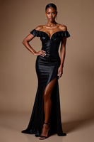 Load image into Gallery viewer, Sparkly Black Sequin Mermaid Off the Shoulder Long Formal Dress with Slit