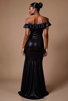 Sparkly Black Sequin Mermaid Off the Shoulder Long Formal Dress with Slit