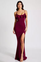 Load image into Gallery viewer, Burgundy Spaghetti Straps Mermaid Long Formal Dress with Slit