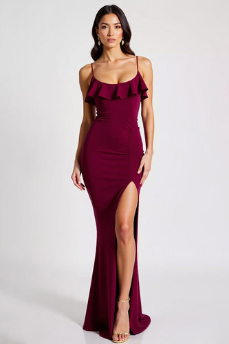 Burgundy Spaghetti Straps Mermaid Long Formal Dress with Slit