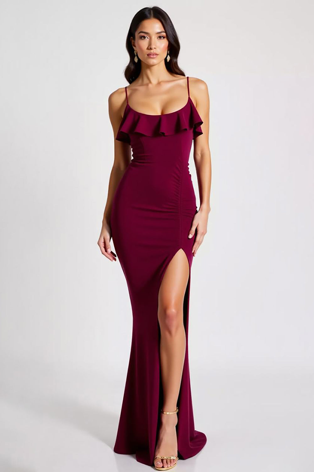 Burgundy Spaghetti Straps Mermaid Long Formal Dress with Slit