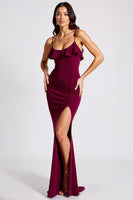 Load image into Gallery viewer, Burgundy Spaghetti Straps Mermaid Long Formal Dress with Slit