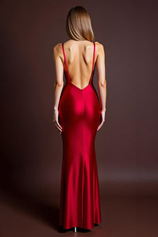 Red Satin Ruched Mermaid Long Formal Dress with Slit