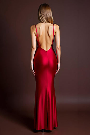 Red Satin Ruched Mermaid Long Formal Dress with Slit