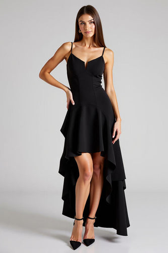 Black A Line High Low Spaghetti Straps Formal Dress