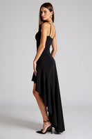 Load image into Gallery viewer, Black A Line High Low Spaghetti Straps Formal Dress