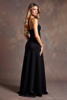 Black Spaghetti Straps Ruched Formal Dress with Slit