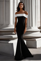 Load image into Gallery viewer, Black Mermaid Satin Off the Shoulder Long Formal Dress