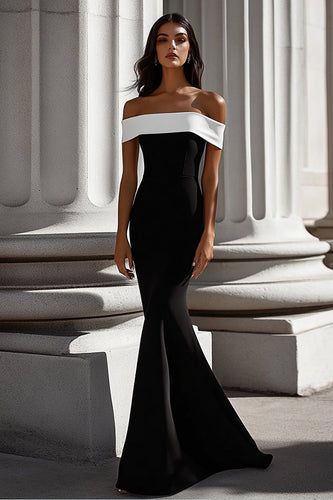 Black Mermaid Satin Off the Shoulder Long Formal Dress