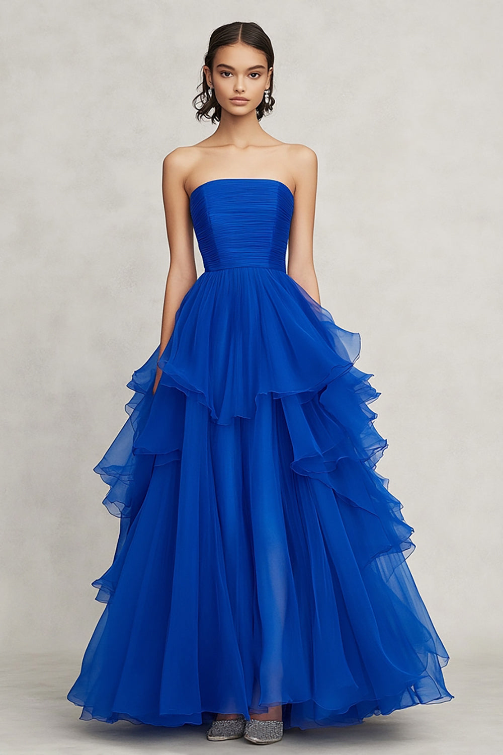Royal Blue A Line Strapless Ruffled Long Formal Dress