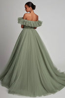 Load image into Gallery viewer, Dusty Sage Tulle A Line Off the Shoulder Long Formal Dress