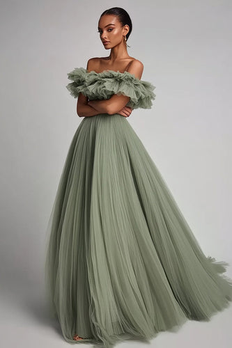 Dusty Sage Tulle A Line Off the Shoulder Long Formal Dress