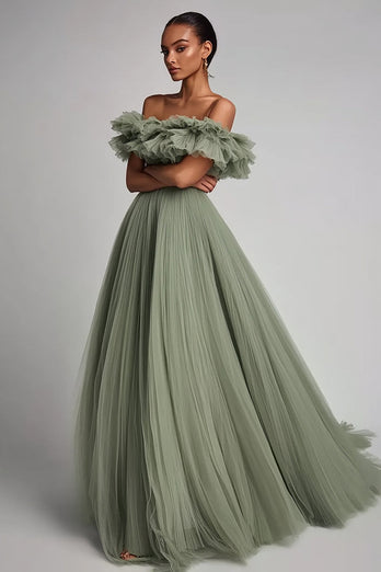 Dusty Sage Tulle A Line Off the Shoulder Long Formal Dress