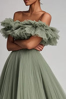 Load image into Gallery viewer, Dusty Sage Tulle A Line Off the Shoulder Long Formal Dress