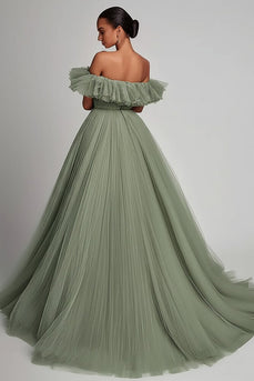 Dusty Sage Tulle A Line Off the Shoulder Long Formal Dress