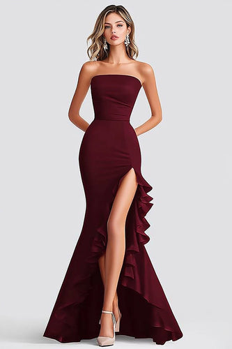 Burgundy Mermaid Strapless Long Formal Dress with Slit