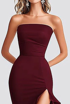 Burgundy Mermaid Strapless Long Formal Dress with Slit