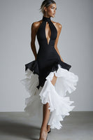 Load image into Gallery viewer, Black and White Keyhole Halter High Low Formal Dress