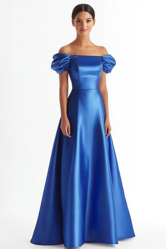 Royal Blue A Line Satin Long Formal Dress with Sleeves