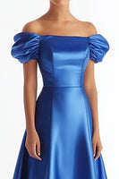 Load image into Gallery viewer, Royal Blue A Line Satin Long Formal Dress with Sleeves