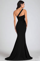 Load image into Gallery viewer, Black Chiffon Mermaid One Shoulder Long Formal Dress