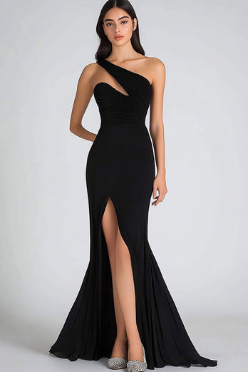 Black Chiffon Mermaid One Shoulder Long Formal Dress