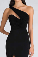 Load image into Gallery viewer, Black Chiffon Mermaid One Shoulder Long Formal Dress