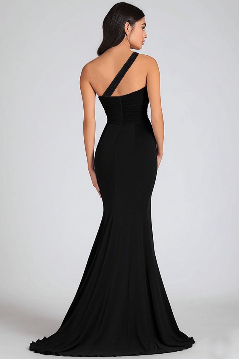 Load image into Gallery viewer, Black Chiffon Mermaid One Shoulder Long Formal Dress