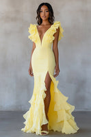Load image into Gallery viewer, Yellow V-Neck Chiffon Long Mermaid Ruffled Formal Dress with Slit