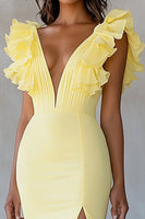 Load image into Gallery viewer, Yellow V-Neck Chiffon Long Mermaid Ruffled Formal Dress with Slit
