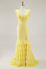 Load image into Gallery viewer, Yellow V-Neck Chiffon Long Mermaid Ruffled Formal Dress with Slit