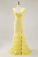 Load image into Gallery viewer, Yellow V-Neck Chiffon Long Mermaid Ruffled Formal Dress with Slit