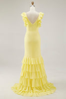 Load image into Gallery viewer, Yellow V-Neck Chiffon Long Mermaid Ruffled Formal Dress with Slit