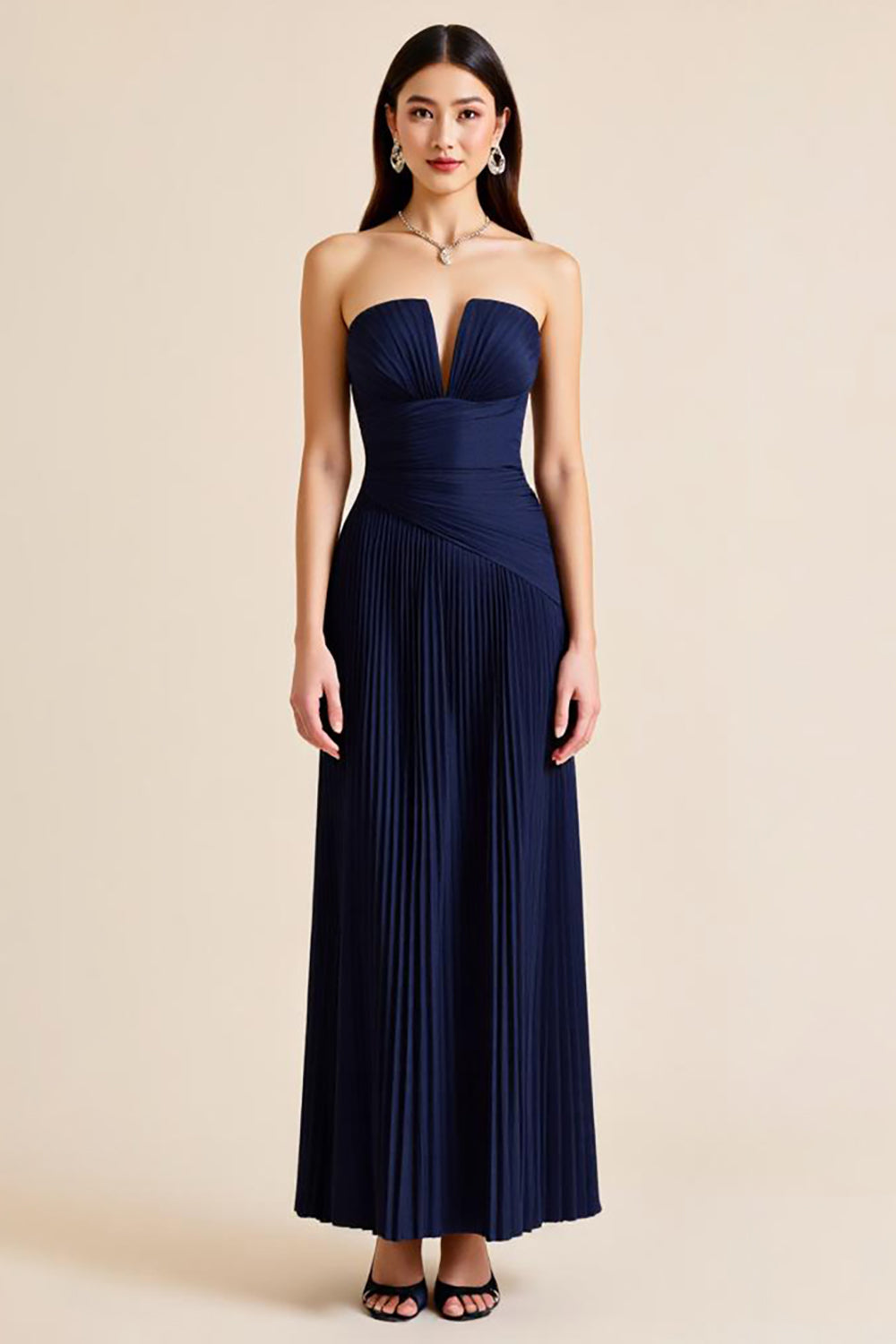 Navy Pleated A Line Strapless Sheath Long Formal Dress