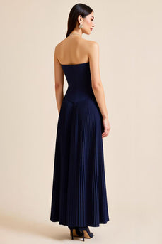 Navy Pleated A Line Strapless Sheath Long Formal Dress