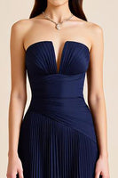 Load image into Gallery viewer, Navy Pleated A Line Strapless Sheath Long Formal Dress