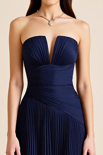 Navy Pleated A Line Strapless Sheath Long Formal Dress