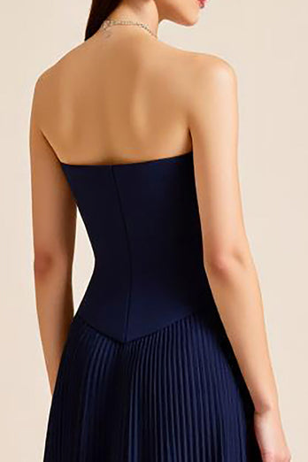 Navy Pleated A Line Strapless Sheath Long Formal Dress