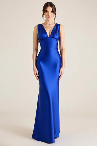 Royal Blue V-Neck Satin Mermaid Long Formal Dress