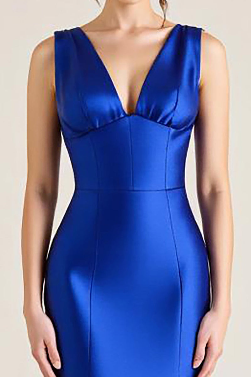 Load image into Gallery viewer, Royal Blue V-Neck Satin Mermaid Long Formal Dress