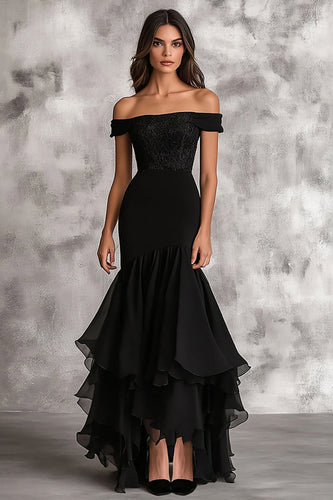 Black Mermaid Chiffon Ruffled Long Formal Dress