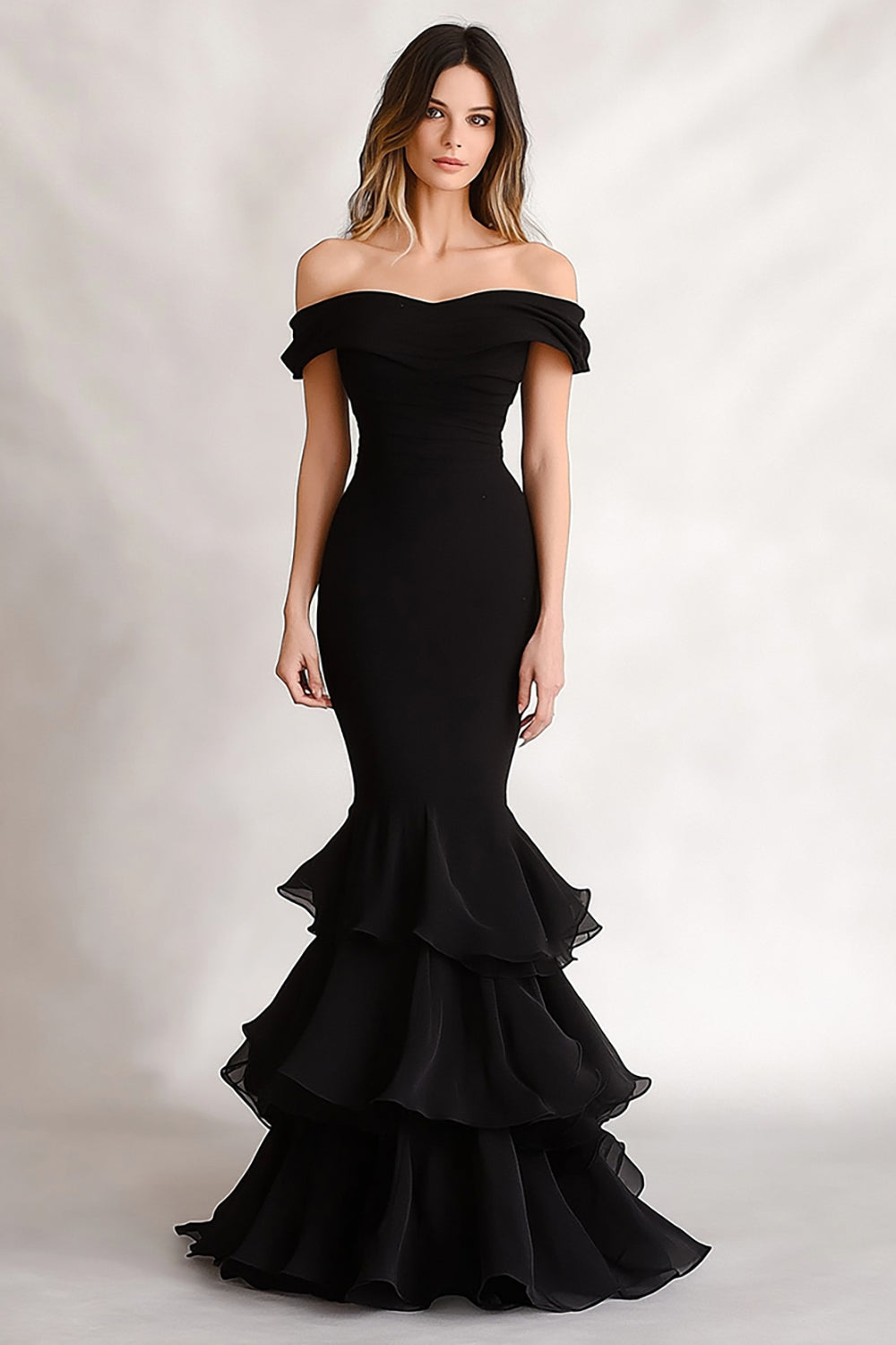 Black Off the Shoulder Mermaid Tiered Long Formal Dress