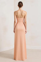 Load image into Gallery viewer, Peach A Line Deep V-Neck Ruched Long Formal Dress