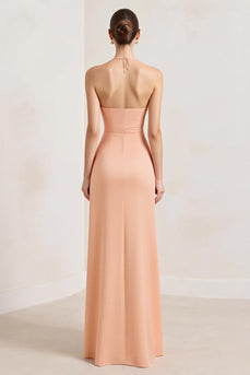 Peach A Line Deep V-Neck Ruched Long Formal Dress